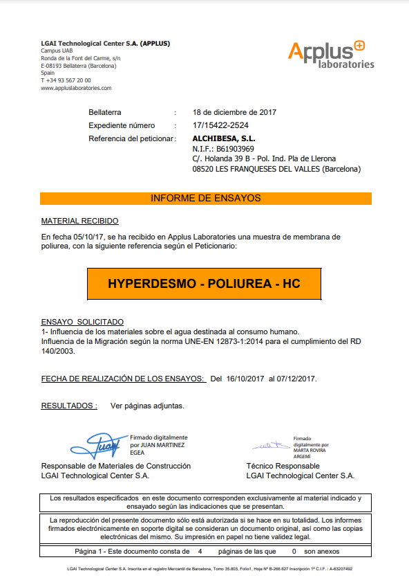 Polyurea-HC Drinking Water Certification